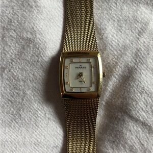 Skagen Gold-Tone Mesh Watch with White Dial